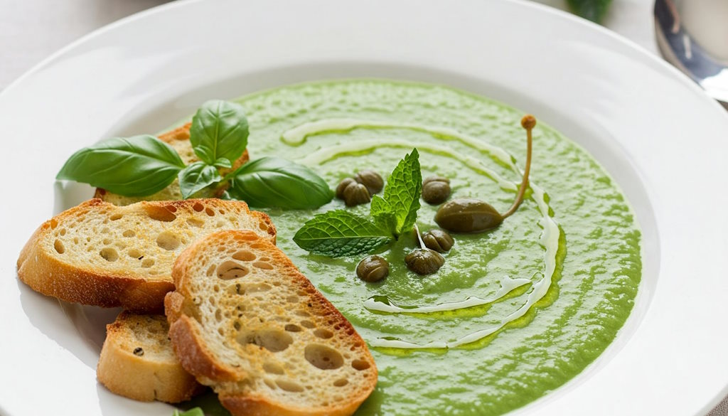 Kalte Gurkensuppe auf italienischer Art mit Basilikum, Minze und Kapern sowie getoasteter Ciabatta