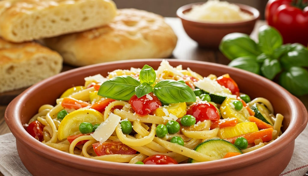 Linguine Primavera mit viel Gemüße und frischem Basilikum