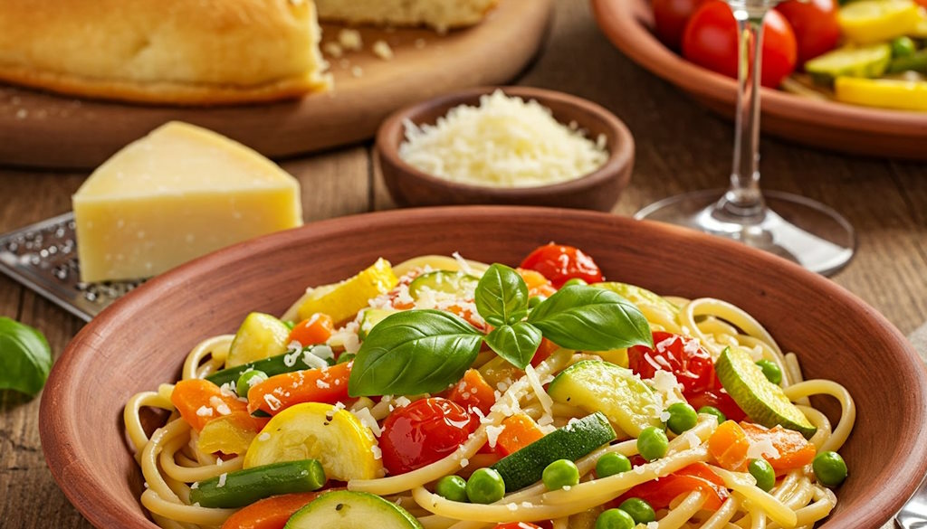 Linguine alla Primavera mit viel frischem Gemüse und Parmesan