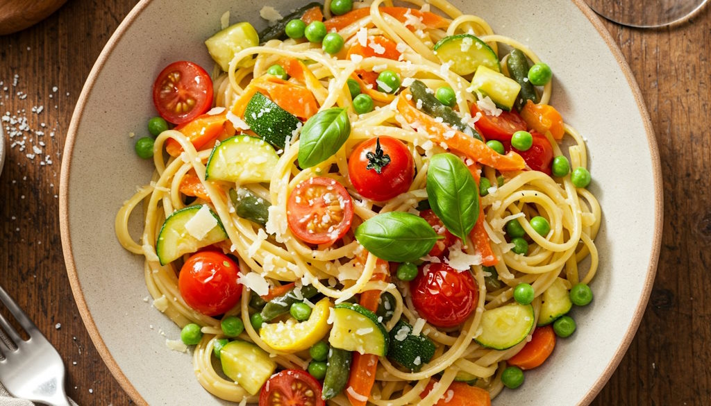 Linguine alla Primavera mit extrem viel frischem Gemüse von oben fotografiert