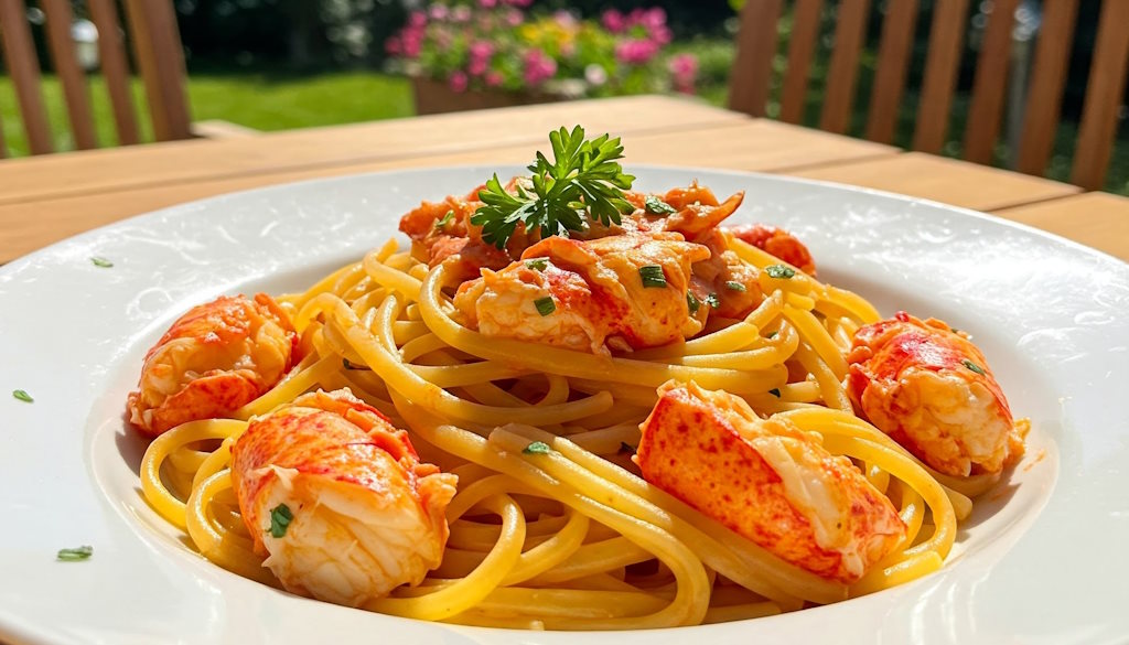 Linguine all'astice Gericht mediterran serviert ohne Panzer