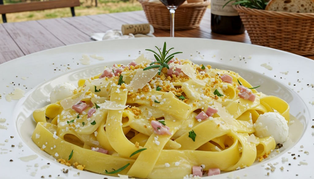 Pappardelle alla Casertana mit Brotbrösel, Kochschinken, Petersilie, Rosmarin und Mozzarella in Sahnesoße.