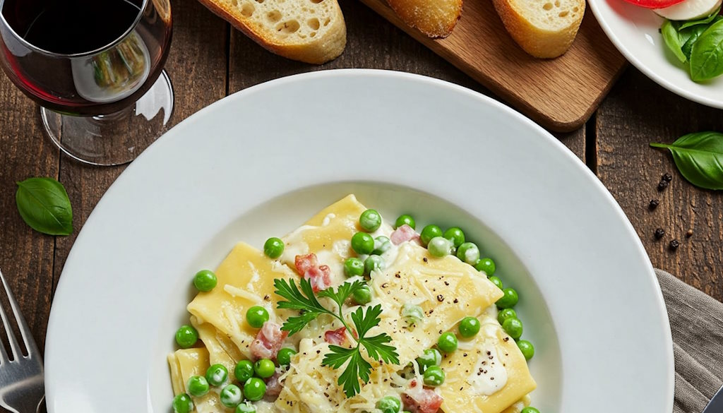 Pasta Piselli e Pancetta mit Pappardelle