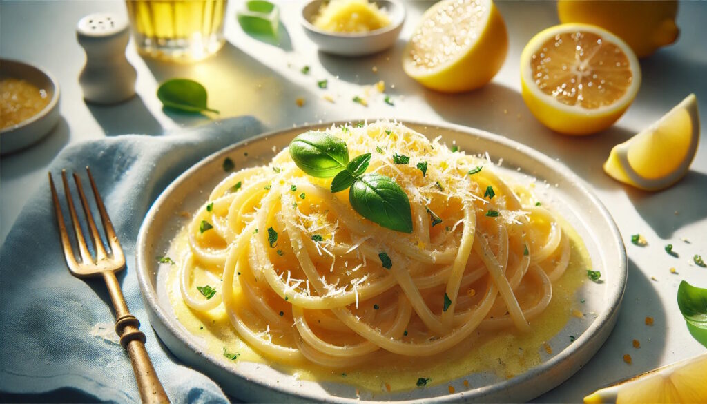 Pasta al Limone mit Bucatini Nudeln typisch für Neapel und der Amalfi-Küste