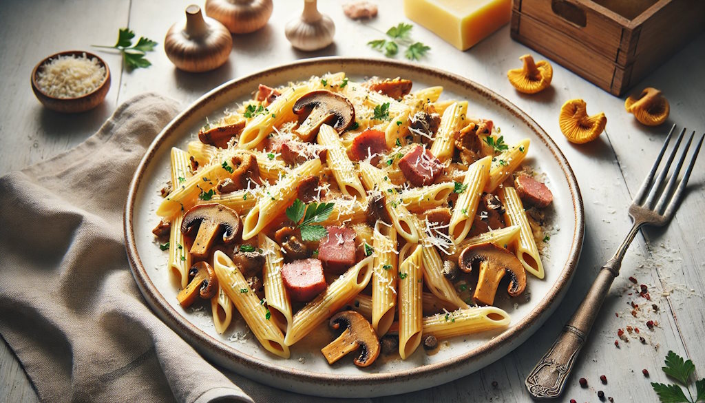 Penne alla Boscaiola cremig mit Schinken angerührt.