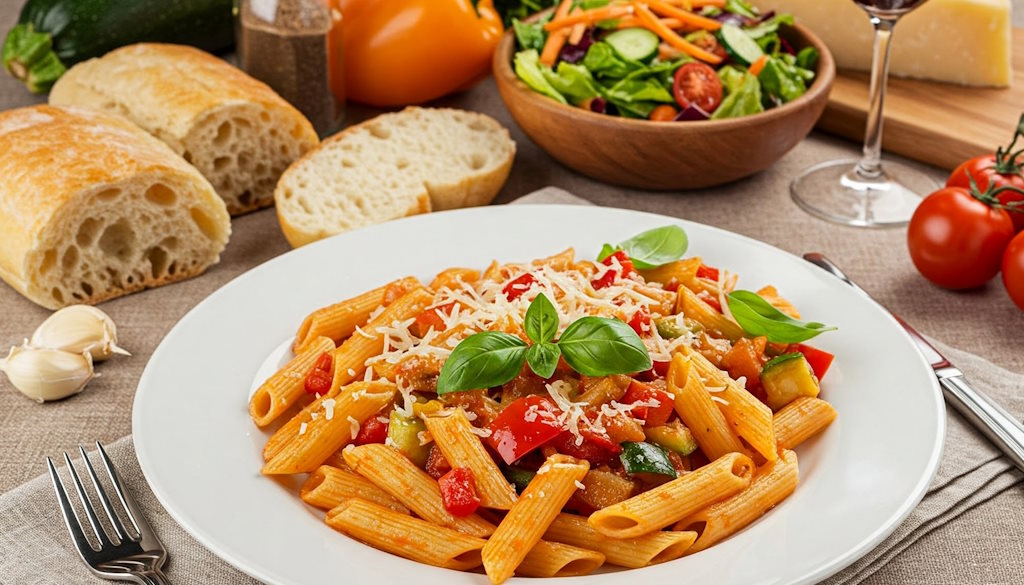 Penne Ortolana original mit viel Gemüse und Salat als Beilage