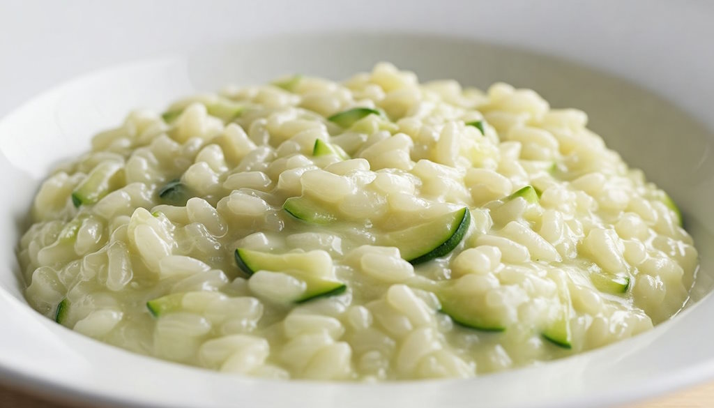 Zucchini-Risotto mit kleingehackten Zucchini-Stückchen darin und cremiger Textur.