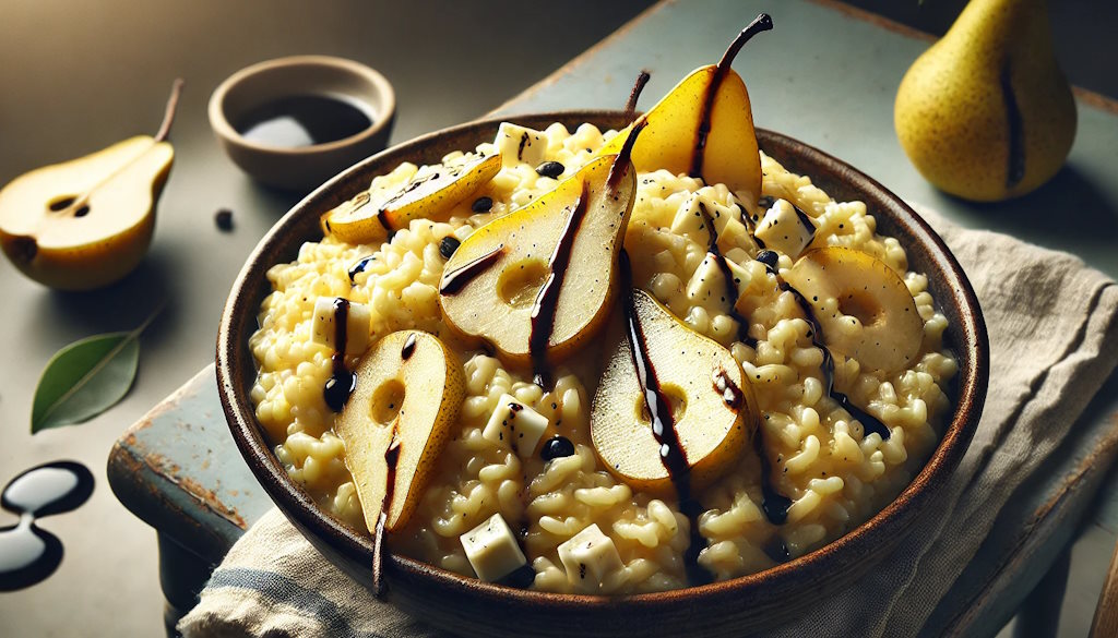 Risotto mit Birne und Gorgonzola dekoriert mit Aceto Balsamico Creme und leicht gedämpften Birnenhälften.