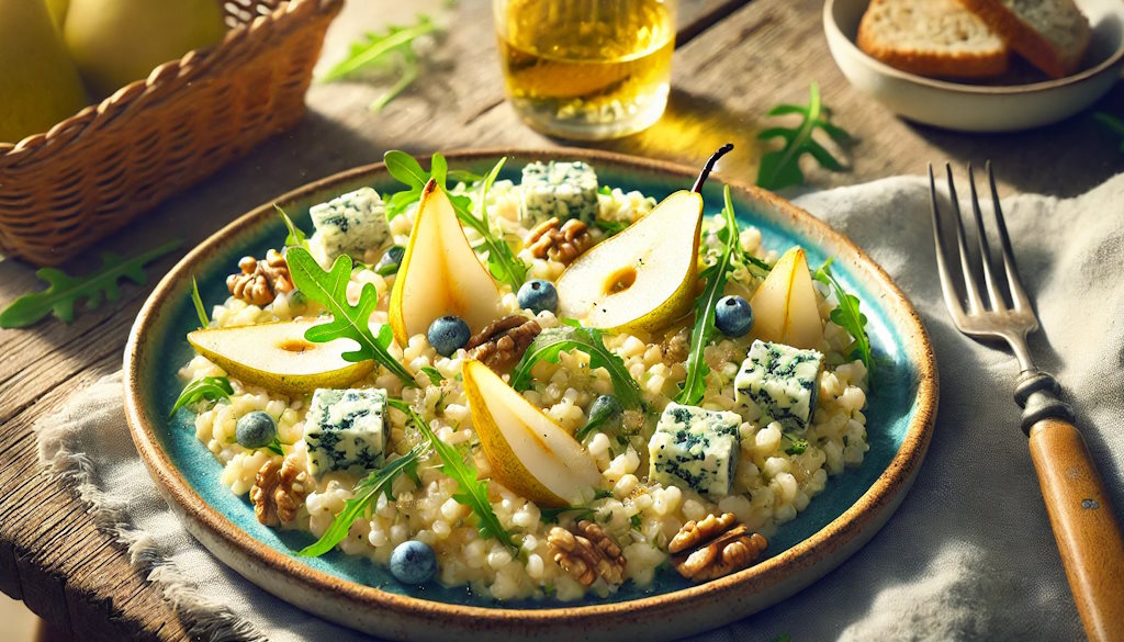 Risotto mit Birne und Gorgonzola serviert mit Blaubeeren und Rauke als Topping.