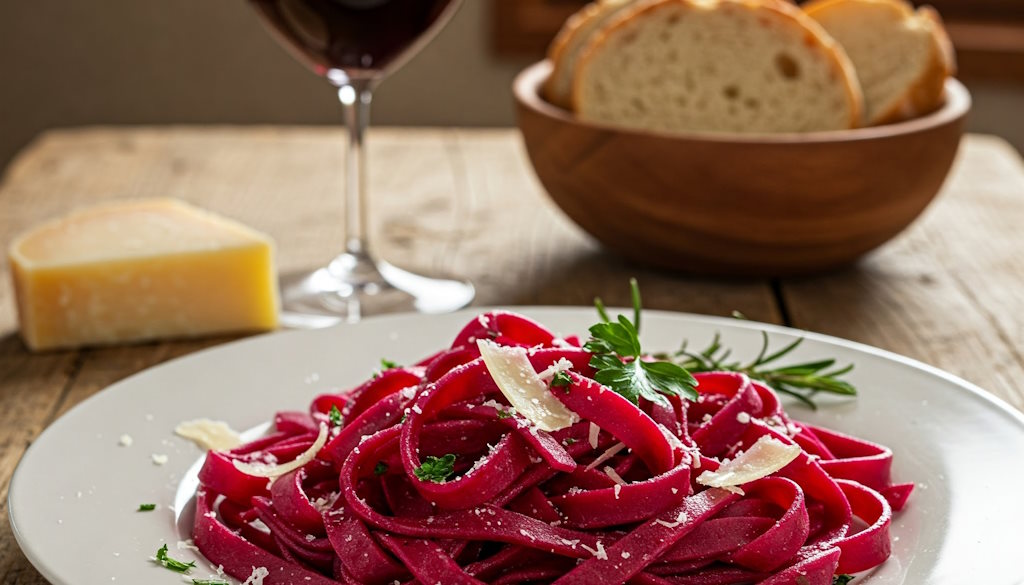 Rote Beete Tagliatelle mit Parmesan und Butter serviert.
