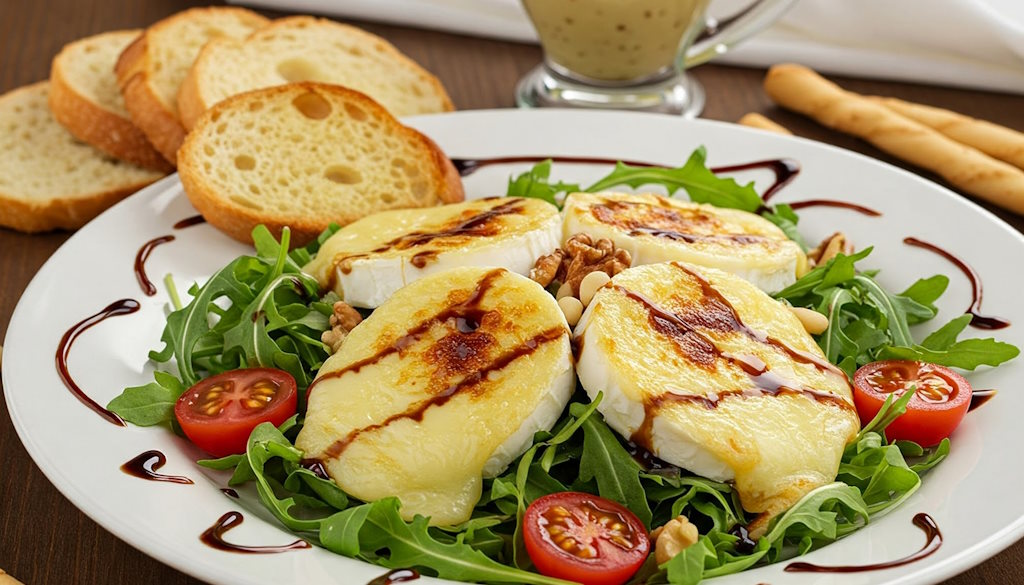 Rucola Salat mit Ziegenkäse gratiniert und Cocktailtomaten italienischer Art