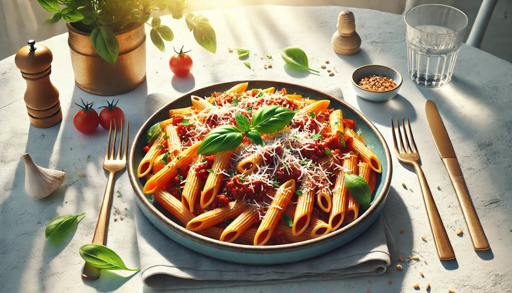 Sizilianische Bolognese Soße auf Penne Rigate mit Parmesan und frischem Basilikum serviert.