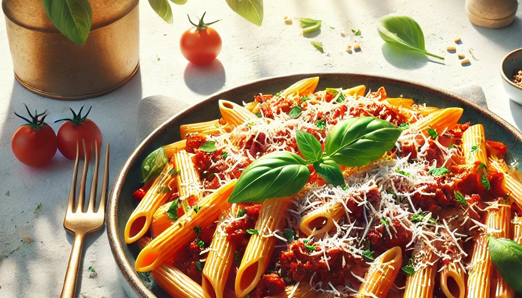 Sizilianische Bolognese Soße auf Penne Rigate