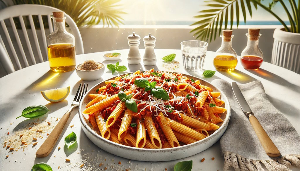 Penne Rigate mit sizilianischer Bolognese serviert auf einem gedeckten Tisch auf einer mediterranen Terrasse am Meer.