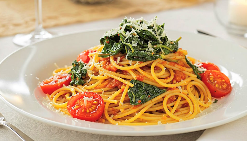 Sizilianische Mangold Spaghetti mit Cocktailtomaten und Pecorino-Käse