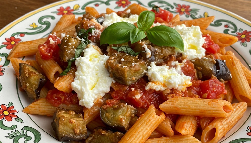 Sizilianische Pasta alla Norma mit Ricotta Salata und Penne