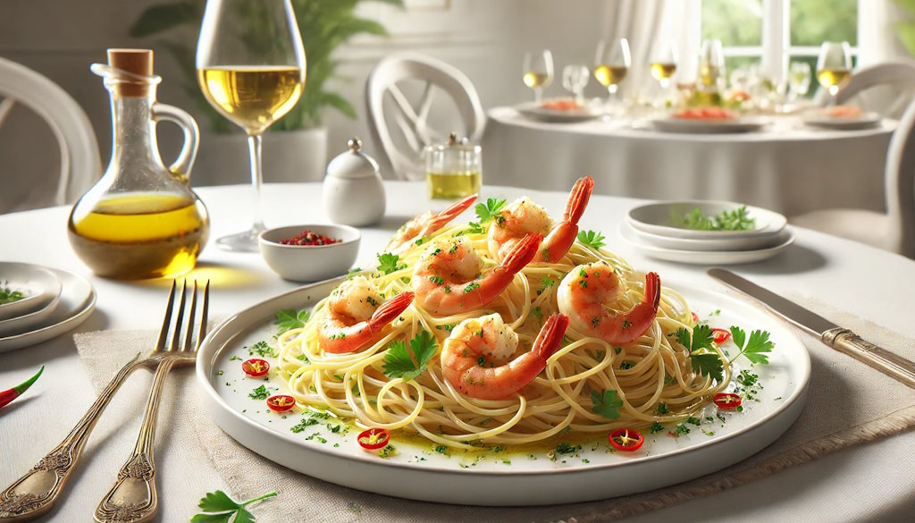 Spaghetti Aglio e Olio mit Garnelen am Teller