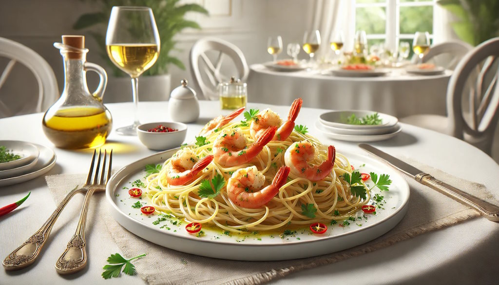 Spaghetti Aglio e Olio mit Garnelen hochwertig serviert
