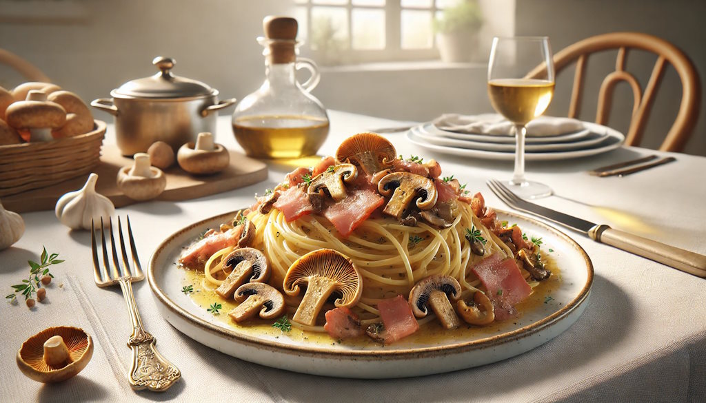 Spaghetti Boscaiola mit gemischten Pilzen serviert