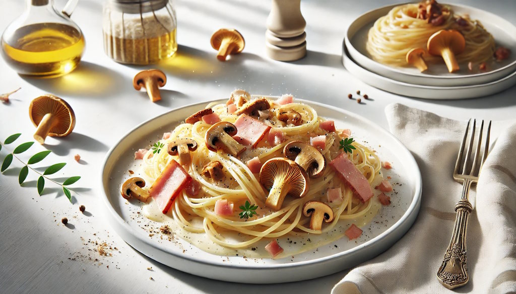 Spaghetti Boscaiola mit Schinken und vielen Pilzsorten