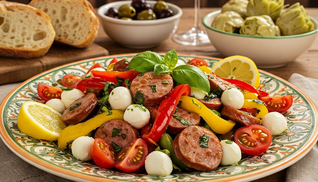 Italienischer Wurstsalat mit rustikalen dicken Salatwurstscheiben und groben Paprika-Streifen.