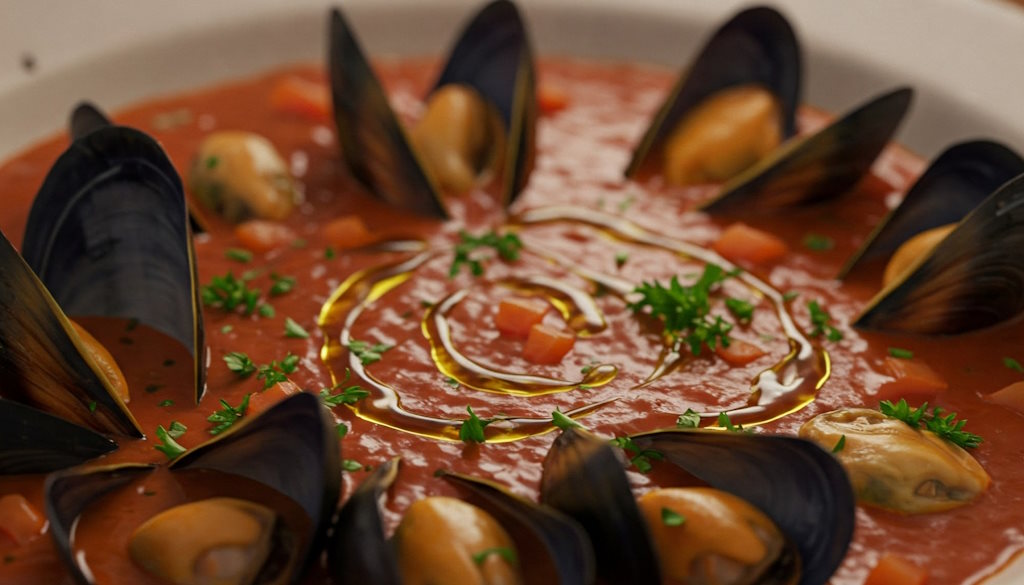 Zuppa di Cozze mit Olinveöl und Petersilie garniert