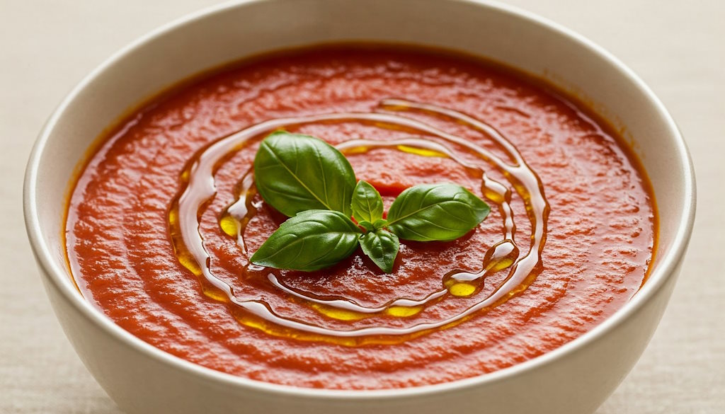 Italienische Tomatensuppe in weißer Schüssel garniert mit Basilikum und Olivenöl