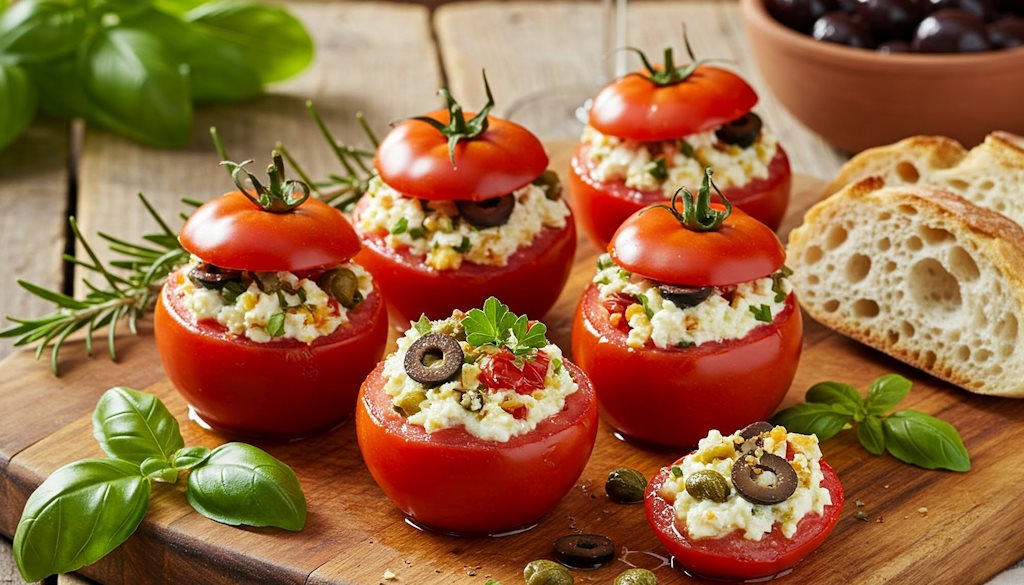 Gefüllte Kirschtomaten auf Holzbrett mit Rosmarin, Basilikum und Chili und Oliven.
