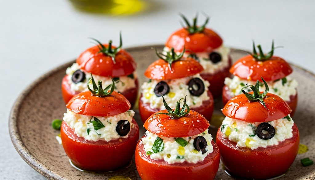 Gefüllte Cocktail-Tomaten mit Ricotta-Mischung auf Teller mit Olivenöl garniert.