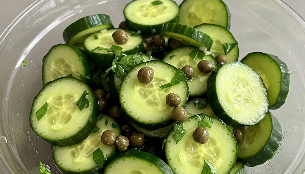 Einfacher italienischer Gurkensalat mit Kapern und Petersilie in Glasschüssel
